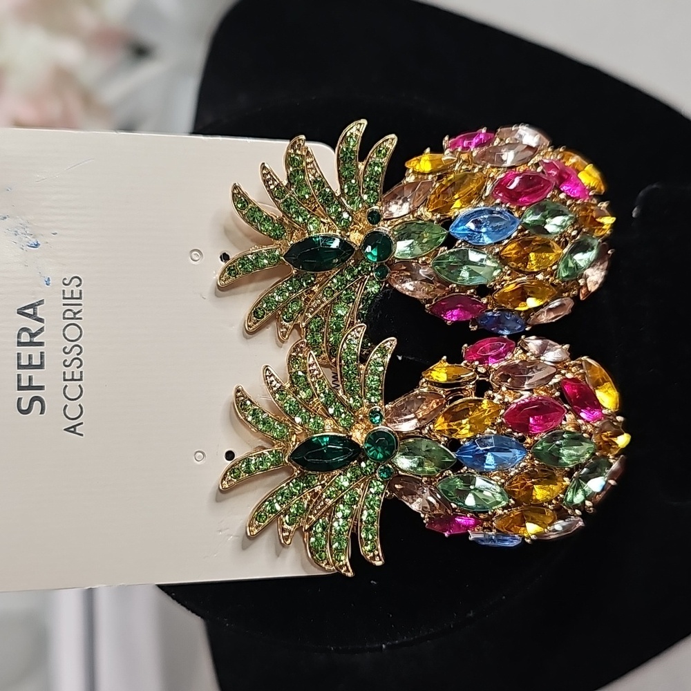Earrings Pineple with Multicolored Stones Elegant Wear Vacation Resortwear Beach - Picture 2 of 10